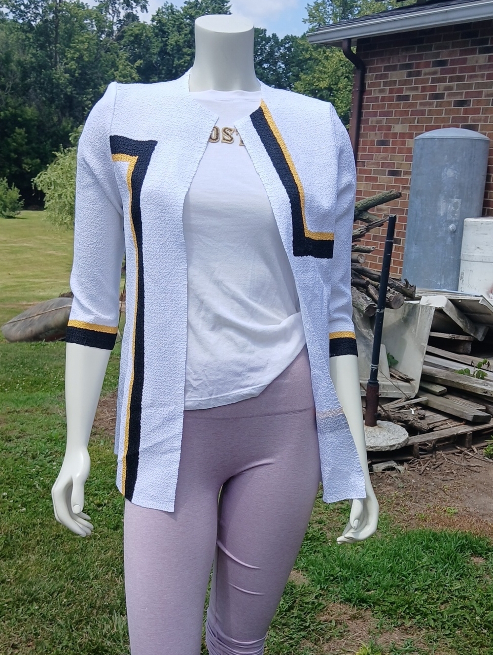 Nwt Drapers & Damons White Textured Open Front Cardigan with Black Gold Trim PXS